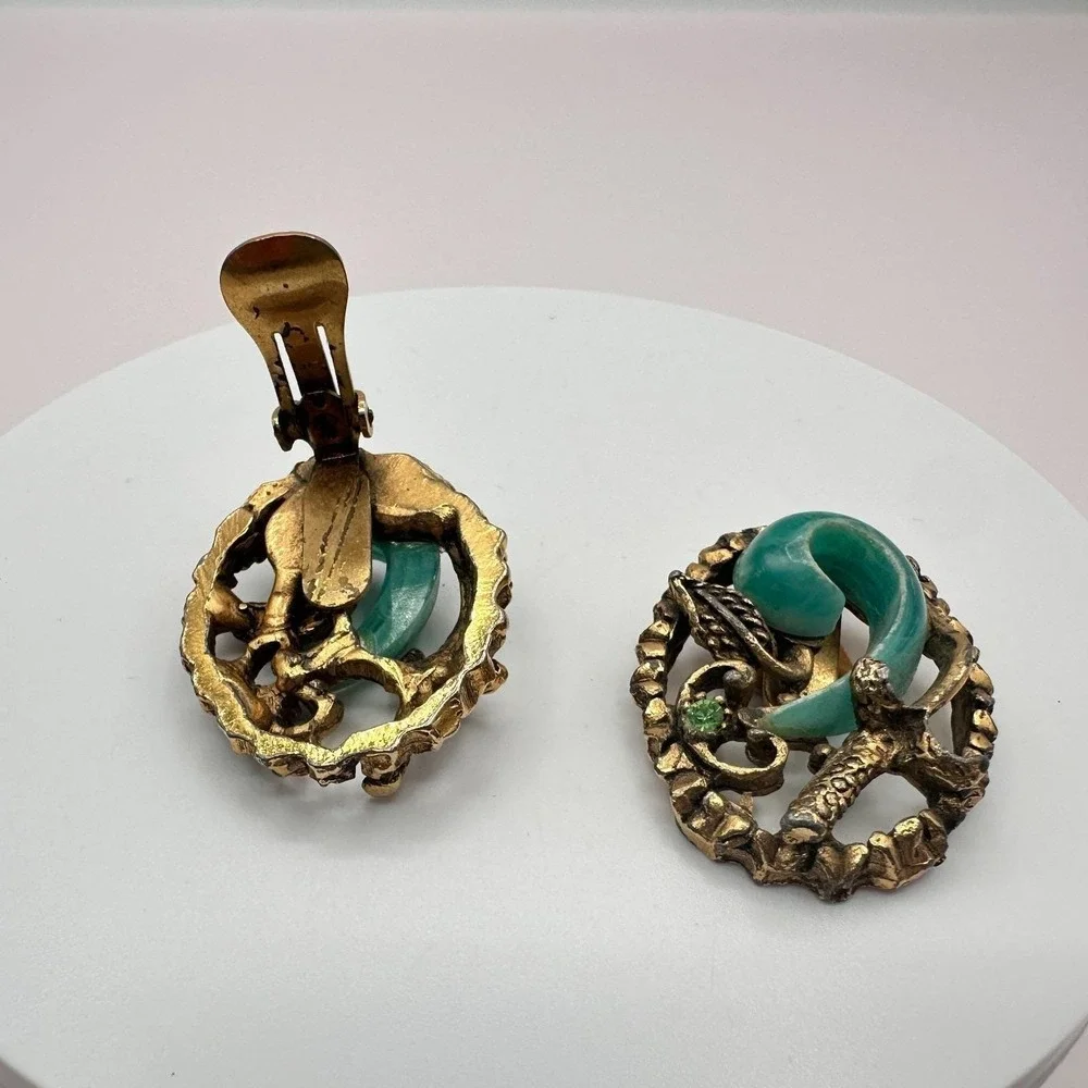Vintage 80s Brass Tone Turquoise Green Cabochon Statement Clip Earrings Jewelry - Picture 8 of 9